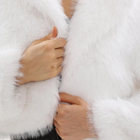 Women's Faux Fur Crop Lapel Jackets Open Front Long Sleeves Coat Pockets White - Picture 4 of 5